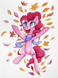 Size: 2048x2729 | Tagged: safe, artist:0okami-0ni, pinkie pie, earth pony, pony, g4, autumn, autumn leaves, clothes, female, high res, leaves, mare, scarf, simple background, solo, traditional art, white background