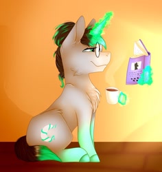 Size: 1348x1425 | Tagged: safe, artist:midnightmagic15, pony, unicorn, book, chest fluff, coffee, glasses, glowing, glowing horn, horn, levitation, magic, sitting, smiling, solo, telekinesis