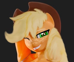 Size: 917x772 | Tagged: safe, artist:trailssfm, applejack, earth pony, anthro, g4, 3d, clothes, female, freckles, hat, head shot, looking at you, one eye closed, one eye open, smiling, smiling at you, solo, tank top, wink