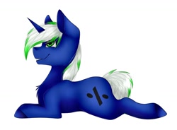 Size: 1169x862 | Tagged: safe, artist:midnightmagic15, oc, oc only, pony, unicorn, chest fluff, lying down, prone, smiling, solo