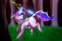 Size: 1500x1000 | Tagged: safe, artist:midnightmagic15, oc, oc only, pony, unicorn, clothes, ears back, forest, glowing, glowing horn, horn, levitation, looking back, magic, running, scarf, solo, spear, tail, tail wrap, telekinesis, weapon