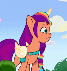 Size: 427x450 | Tagged: safe, screencap, sunny starscout, alicorn, pony, g5, mission imponable, my little pony: tell your tale, spoiler:g5, spoiler:my little pony: tell your tale, spoiler:tyts01e49, animated, confused, cropped, female, gif, glowing, glowing horn, glowing wings, horn, mane stripe sunny, mare, race swap, solo, sunnycorn, sweat, sweatdrop, wings, youtube link