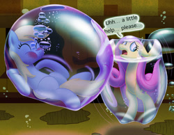 Size: 1016x787 | Tagged: safe, artist:bladedragoon7575, derpy hooves, fluttershy, pegasus, pony, g4, bubble, female, fluttershy trapped in a bubble, in bubble, mare, ocean, underwater, water