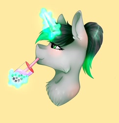 Size: 1993x2048 | Tagged: safe, artist:midnightmagic15, pony, unicorn, blushing, bubble tea, bust, glowing, glowing horn, horn, levitation, magic, portrait, simple background, smiling, solo, telekinesis, yellow background