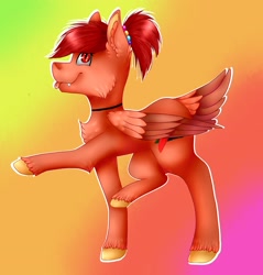 Size: 1961x2048 | Tagged: safe, artist:midnightmagic15, oc, oc only, pegasus, pony, choker, looking at you, raised hoof, raised leg, raspberry, slit pupils, smiling, solo, tail, tail feathers, tongue out, unshorn fetlocks
