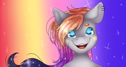 Size: 2048x1087 | Tagged: safe, artist:midnightmagic15, oc, oc only, pony, bust, ear piercing, earring, eye clipping through hair, eyebrows, eyebrows visible through hair, happy, jewelry, looking at you, open mouth, open smile, piercing, smiling, solo, sparkles