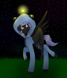 Size: 368x427 | Tagged: safe, artist:midnightmagic15, oc, oc only, firefly (insect), insect, pegasus, pony, cute, cute little fangs, fangs, night, old art, shark hoodie, smiling, solo, spread wings, wings