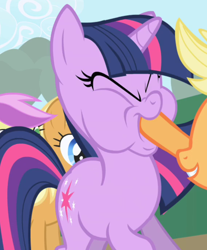 Size: 568x685 | Tagged: safe, screencap, apple cider (g4), apple cobbler, applejack, lavender fritter, twilight sparkle, earth pony, pony, unicorn, friendship is magic, g4, season 1, apple family member, background pony, cropped, eyes closed, female, funny face, hoof in mouth, hoofjack, mare, out of context, puffy cheeks, unicorn twilight