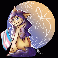 Size: 3000x3000 | Tagged: safe, artist:galaxiastar1, oc, oc only, earth pony, pony, high res, looking at you, looking back, looking back at you, mouth hold, pride, pride flag, smiling, solo, transgender pride flag