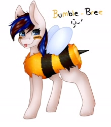 Size: 1813x2071 | Tagged: safe, artist:midnightmagic15, oc, oc only, bee pony, original species, pony, animal costume, bee costume, blushing, clothes, costume, looking at you, raspberry, smiling, solo, spread wings, tongue out, wings