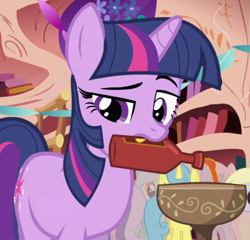 Size: 1046x1003 | Tagged: safe, screencap, derpy hooves, lemon hearts, lyra heartstrings, twilight sparkle, pegasus, pony, unicorn, friendship is magic, g4, season 1, confound these ponies, cropped, eyebrows, female, goblet, golden oaks library, hot sauce, i need a freaking drink, mare, mouth hold, pouring, raised eyebrow, unicorn twilight