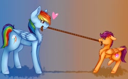 Size: 1024x636 | Tagged: safe, artist:midnightmagic15, rainbow dash, scootaloo, pegasus, pony, g4, chest fluff, heart, needs more jpeg, open mouth, rope, smiling, tug of war