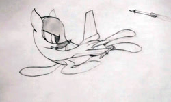 Size: 1490x891 | Tagged: artist needed, safe, oc, oc only, unnamed oc, original species, plane pony, pony, f-16 fighting falcon, flying, jet, jet fighter, jet plane, looking at something, looking back, male, missile, pencil drawing, plane, simple background, solo, stallion, targeted, traditional art, weapon, white background