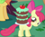 Size: 1048x858 | Tagged: safe, screencap, apple bloom, perfect pie, earth pony, pony, friendship is magic, g4, apple bloom's bow, apple family member, bow, cake, cropped, female, filly, foal, food, hair bow, mare, solo focus