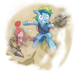 Size: 1024x1024 | Tagged: safe, artist:stupjam, pinkie pie, rainbow dash, earth pony, pegasus, pony, g4, duo, female, grappling hook, mannpower, mare, parody, pyro (tf2), rainbow scout, scout (tf2), simple background, team fortress 2, transparent background