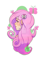 Size: 1024x1366 | Tagged: safe, artist:fluterloo, fluttershy, butterfly, human, equestria girls, g4, bust, looking at you, looking back, looking back at you, portrait, simple background, solo, transparent background, watermark