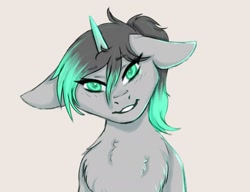 Size: 2119x1627 | Tagged: safe, artist:midnightmagic15, pony, unicorn, breasts, eyebrows, eyebrows visible through hair, floppy ears, looking at you, smiling, solo