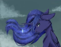 Size: 2119x1627 | Tagged: safe, artist:midnightmagic15, princess luna, alicorn, pony, g4, ear piercing, earring, floppy ears, frown, jewelry, looking at you, pendant, piercing, sad, solo, windswept mane