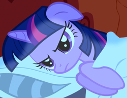 Size: 756x583 | Tagged: safe, screencap, twilight sparkle, pony, unicorn, friendship is magic, g4, season 1, angry, bed, cropped, female, floppy ears, frown, golden oaks library, grumpy, grumpy twilight, holding, lying down, mare, moonlight, night, on side, pillow, solo, twilight sparkle is not amused, unamused, unicorn twilight, upset