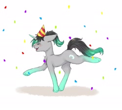 Size: 2048x1840 | Tagged: safe, artist:midnightmagic15, oc, oc only, pony, unicorn, birthday, confetti, floppy ears, happy, hat, open mouth, open smile, party hat, raised hoof, raised leg, smiling, solo