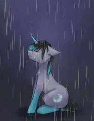 Size: 512x656 | Tagged: safe, artist:midnightmagic15, oc, oc only, pony, unicorn, eyes closed, floppy ears, rain, smiling, solo, wet, wet mane