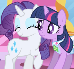 Size: 657x610 | Tagged: safe, screencap, rarity, twilight sparkle, pony, unicorn, friendship is magic, g4, season 1, cropped, cute, eyes closed, female, frown, gem saddle twilight, mare, raised hoof, raribetes, saddle, smiling, tack, unicorn twilight