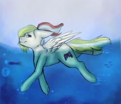 Size: 1378x1179 | Tagged: safe, artist:midnightmagic15, oc, oc only, pegasus, pony, ears back, looking at you, smiling, spread wings, swimming, water, windswept mane, wings