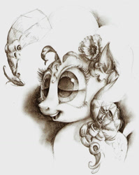 Size: 1024x1287 | Tagged: safe, artist:lordgood, pinkie pie, earth pony, pony, g4, bust, female, flower, flower in hair, mare, monochrome, pencil drawing, smiling, solo, traditional art