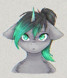 Size: 1021x1179 | Tagged: safe, artist:midnightmagic15, oc, oc only, pony, unicorn, bust, floppy ears, glitch art, looking at you, solo