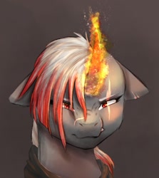 Size: 1463x1640 | Tagged: safe, artist:midnightmagic15, pony, unicorn, angry, bust, curved horn, ears back, eye scar, facial scar, fire, glowing, glowing horn, hair over one eye, horn, looking at you, scar, snarling, solo