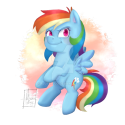 Size: 1280x1280 | Tagged: safe, artist:fluterloo, rainbow dash, pegasus, pony, g4, chibi, confident, female, looking at you, mare, simple background, solo, spread wings, standing on two hooves, stare, transparent background, watermark, wings