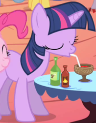 Size: 337x430 | Tagged: safe, screencap, lemon hearts, pinkie pie, twilight sparkle, earth pony, pony, unicorn, friendship is magic, g4, season 1, cropped, drinking, drinking straw, eyes closed, female, goblet, hot sauce, mare, offscreen character, solo focus, unicorn twilight