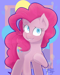 Size: 1024x1285 | Tagged: safe, artist:fluterloo, pinkie pie, earth pony, pony, g4, balloon, female, looking at you, mare, raised hoof, shading, simple background, smiling, solo