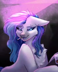 Size: 720x886 | Tagged: safe, artist:midnightmagic15, oc, oc only, earth pony, pony, alcohol, bar, chest fluff, cigarette, ear piercing, earring, eyeshadow, jewelry, lidded eyes, makeup, piercing, smoking, solo