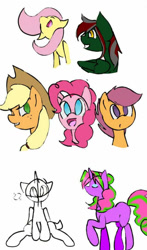 Size: 600x1019 | Tagged: safe, artist:fluterloo, applejack, fluttershy, pinkie pie, scootaloo, oc, earth pony, pegasus, pony, unicorn, g4, colored, eyes closed, flat colors, happy, looking forward, looking offscreen, simple background, sketch, smiling