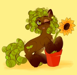 Size: 1972x1922 | Tagged: safe, artist:crimmharmony, oc, oc only, oc:gaiyah, earth pony, pony, flower, flower pot, freckles, hoof polish, looking at you, one eye closed, open mouth, open smile, smiling, sunflower, unshorn fetlocks, wink, winking at you