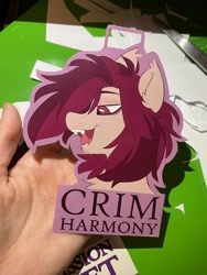 Size: 1536x2048 | Tagged: safe, artist:crimmharmony, oc, oc only, oc:crimm harmony, bat pony, pony, badge, bust, fangs, open mouth, open smile, photo, smiling, solo