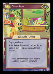 Size: 344x480 | Tagged: safe, enterplay, screencap, apple bloom, applejack, granny smith, earth pony, pony, absolute discord, g4, my little pony collectible card game, the super speedy cider squeezy 6000, barrel, ccg, cider, merchandise, stand