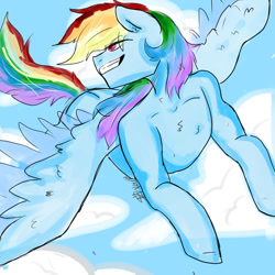 Size: 1024x1024 | Tagged: safe, artist:captainloafnugget, rainbow dash, pegasus, pony, semi-anthro, g4, arm hooves, cloud, flying, grin, human shoulders, looking to the left, smiling, solo