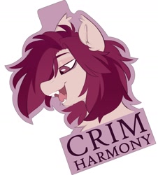 Size: 1588x1758 | Tagged: safe, artist:crimmharmony, oc, oc only, oc:crimm harmony, bat pony, pony, badge, bust, fangs, open mouth, open smile, smiling, solo