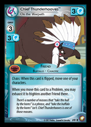 Size: 344x480 | Tagged: safe, enterplay, chief thunderhooves, bison, buffalo, bull, equestrian odysseys, g4, my little pony collectible card game, over a barrel, angry, ccg, cloven hooves, feather, headdress, male, merchandise, solo