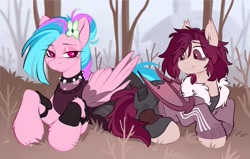 Size: 1259x802 | Tagged: safe, artist:crimmharmony, oc, oc only, oc:crimm harmony, bat pony, pegasus, pony, choker, clothes, eye clipping through hair, flower, flower in hair, forest, jacket, lidded eyes, lying down, prone, spiked choker