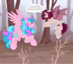 Size: 1550x1358 | Tagged: safe, artist:crimmharmony, oc, oc only, oc:crimm harmony, bat pony, pegasus, pony, angry, dialogue, eye clipping through hair, eyebrows, eyebrows visible through hair, flying, forest, landmine, lidded eyes, mine, smug, spread wings, wings