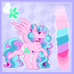 Size: 2048x2048 | Tagged: safe, artist:_candypone_, oc, oc only, oc:lillith, pegasus, pony, choker, eye clipping through hair, high res, looking at you, raised hoof, raised leg, reference sheet, smiling, solo, spread wings, wings