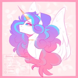 Size: 2048x2048 | Tagged: safe, artist:_candypone_, oc, oc only, alicorn, pony, bust, choker, high res, lidded eyes, smiling, solo, spread wings, wings