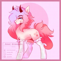 Size: 2048x2048 | Tagged: safe, artist:_candypone_, oc, oc only, demon, demon pony, pony, clothes, eyebrows, eyebrows visible through hair, high res, horns, looking at you, solo, stockings, thigh highs