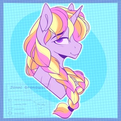 Size: 2048x2048 | Tagged: safe, artist:_candypone_, oc, oc only, pony, unicorn, braid, braided pigtails, braided ponytail, bust, eyebrows, eyebrows visible through hair, high res, lidded eyes, looking at you, pigtails, ponytail, smiling, solo