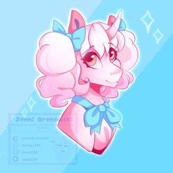 Size: 2048x2048 | Tagged: safe, artist:_candypone_, oc, oc only, pony, unicorn, bow, bust, curved horn, eyebrows, eyebrows visible through hair, hair bow, high res, horn, looking at you, smiling, solo, sparkles