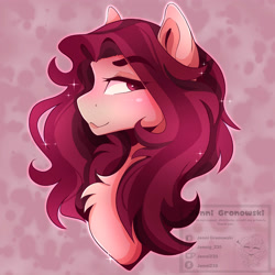 Size: 3500x3500 | Tagged: safe, artist:_candypone_, oc, oc only, oc:crimm harmony, pony, bust, chest fluff, eyebrows, eyebrows visible through hair, high res, lidded eyes, looking back, solo, sparkles