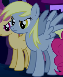 Size: 531x649 | Tagged: safe, screencap, derpy hooves, dizzy twister, orange swirl, pinkie pie, pegasus, pony, boast busters, g4, season 1, angry, background pony, cropped, derpy hooves is not amused, dizzy twister is not amused, female, mare, offscreen character, spread wings, unamused, underp, upset, wings